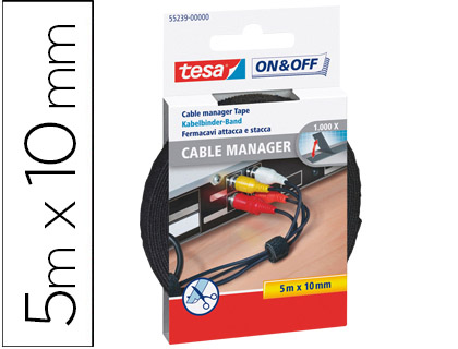 Cinta velcro tesa autoadhesiva negra 5 m x 10 mm.